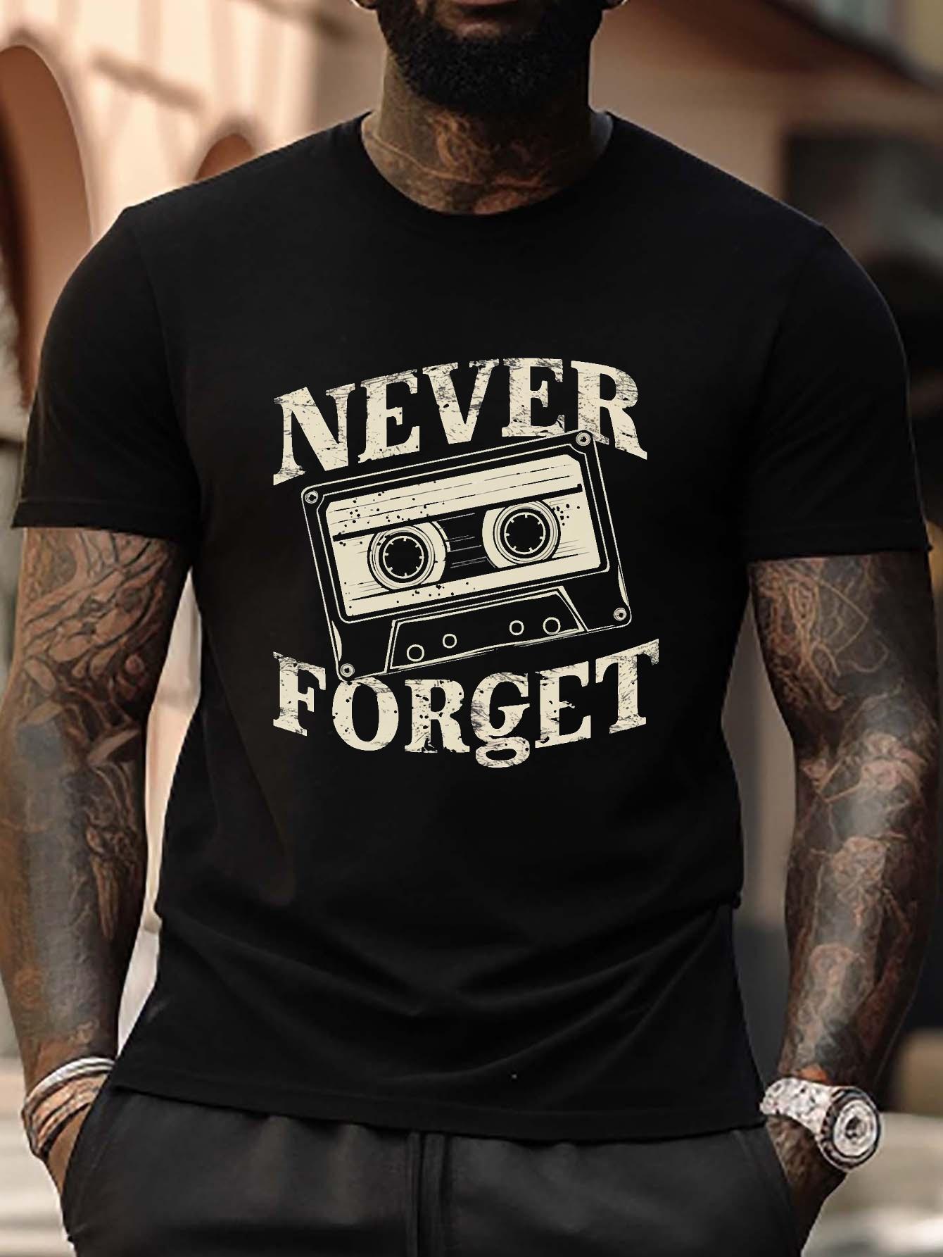 

Never Forget Vintage Cassette Tape Graphic T-shirt - Plus Size Black Retro Music Tee with Distressed Typography XXXL