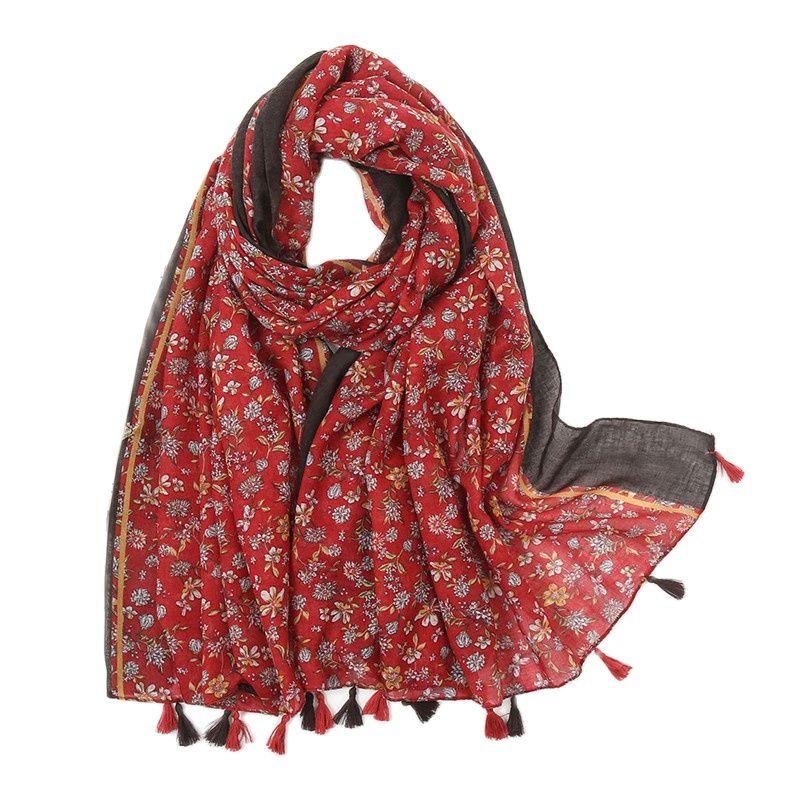 Spain Luxury Brand Navy Blue Lovely Floral Tassel Viscose Shawl Scarf Lady High Quality Wrap Headband Bufandas Muslim Hijab