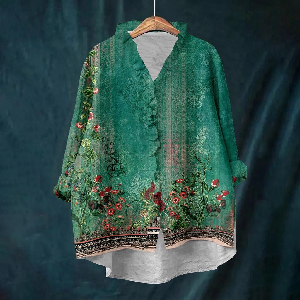 Dame Løs Volangert Blomstert Trykk Ståkrage Langermet Bomull og Lin Topp