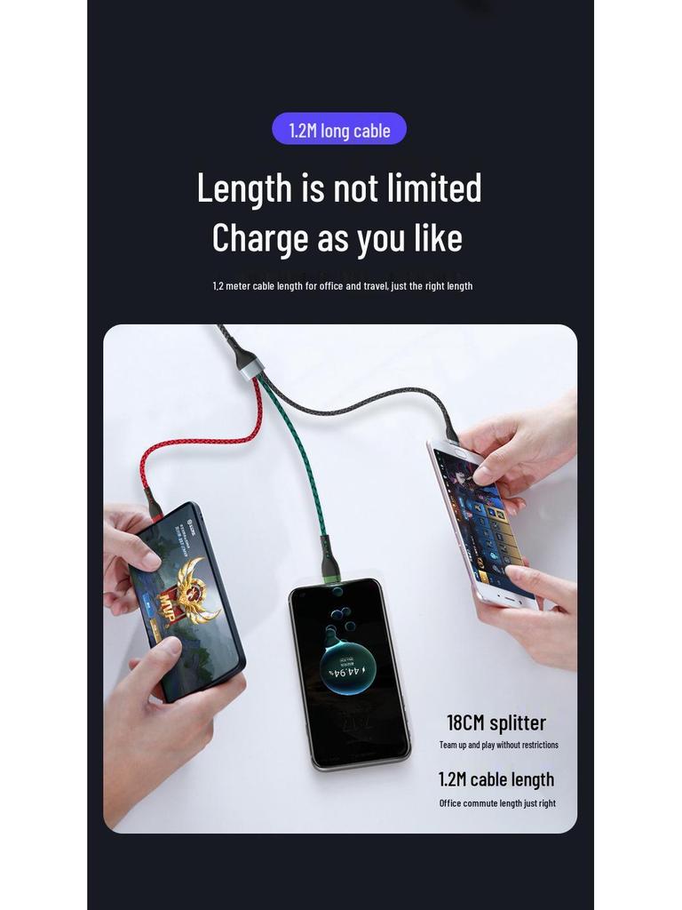 3-in-1 66W Fast Charging Cable for Apple/Android, 6A Aluminum Alloy Braided.