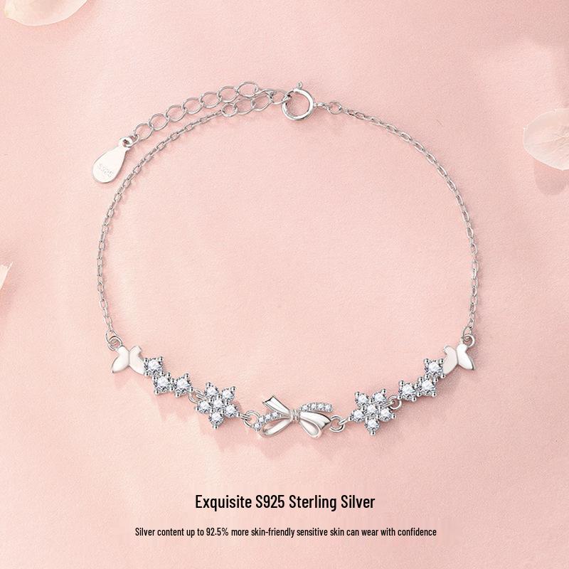 Sterling Silver 925 Floral Bow Bracelet - Exquisite Handcrafted High-End Jewelry