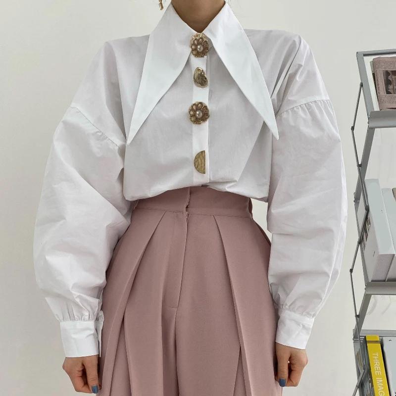 Chic Button Cotton White Shirt Women Spring Casual Office Lady Women Blosues Loose Lantern Long Sleeve Shirts Tops Blusas 15631