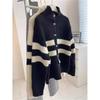 Vintage turtleneck black and white striped knitted cardigan women's autumn winter contrasting colors oversized sweater lazy coat