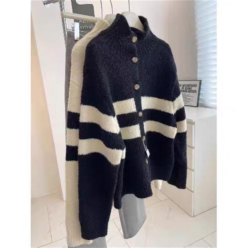 Vintage turtleneck black and white striped knitted cardigan women's autumn winter contrasting colors oversized sweater lazy coat