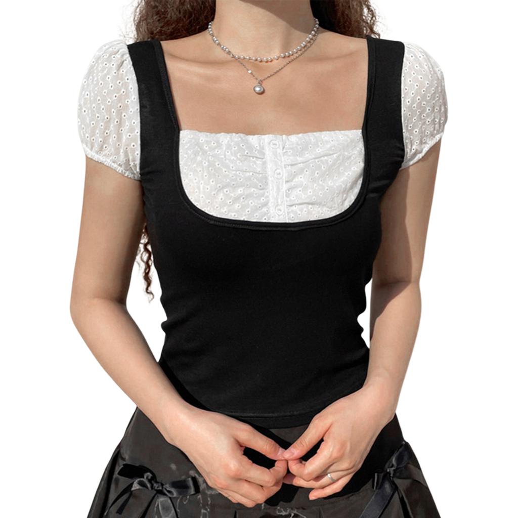Women's T-shirt Tops, Short-sleeved Square Neck Design, Slim Stitching, Fake Two-piece Soft Tops Shirt