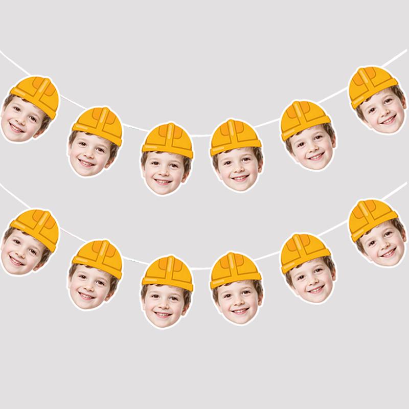 6Pcs/12pcs Birthday Customizable Portrait Digger Tractor Hard hat Pattern Banner Children Birthday Parties Cute Banner Decor