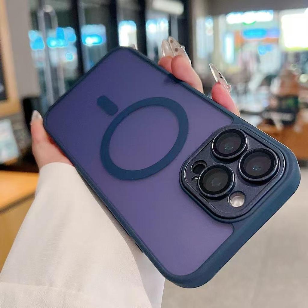 Trendy Magnetic Lens Film & Solid Color Phone Case for Apple 11/13/14/15/16 Pro Max - Frosted Finish, Full Coverage