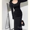 Pure desire sexy hottie low neck slim fit slim and thin pleated bottom skirt back split hip skirt long sleeve fishtail dress
