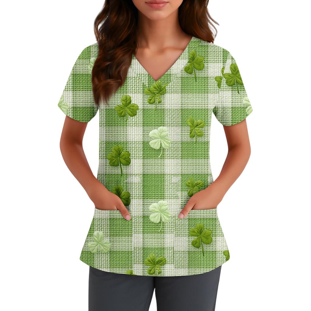 Ladies' St. Patrick Print Fashionable V-neck Pocket Short Sleeved Uniform And Caregiver Top