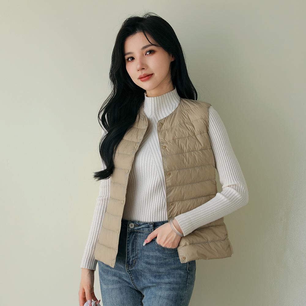 Gilet Imbottito Leggero da Donna con Scollo Rotondo & Scollo a V Vestibilità Aderente Senza Maniche