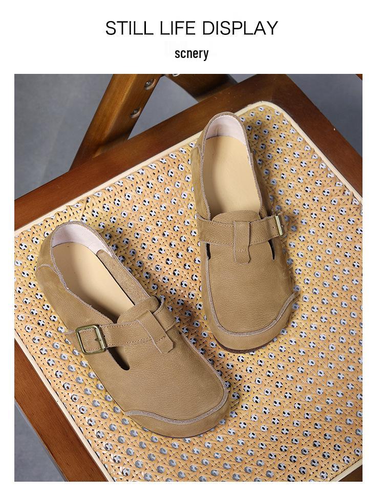 Handmade Genuine Leather Retro Style Women's Round Toe Flat Heel Single-Strap Shoes