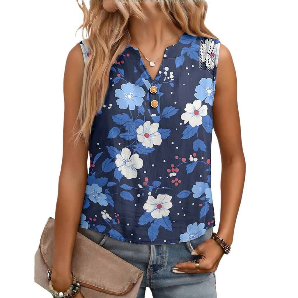 Women's Casual, Loose-Fitting, Printed, Sleeveless Linen Blouse
