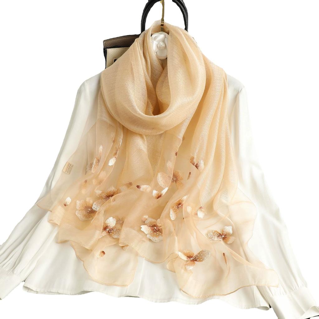 Floral Embroidered Silk Scarf Springautumn Thin Mulberry Silk Scarf Elegant And Decorative Shawl