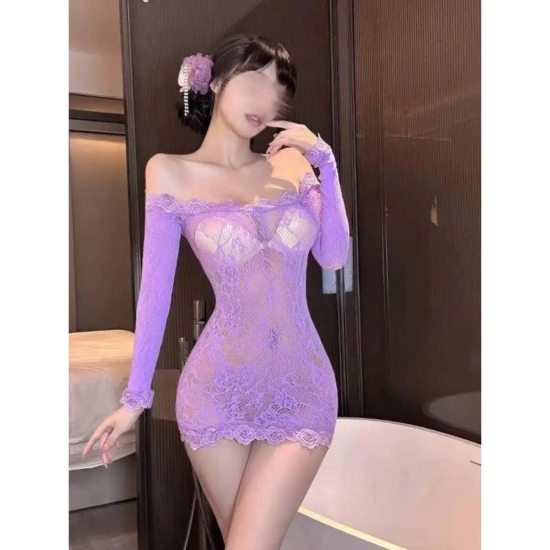 Purple Sexy One-Shoulder Lace Nightclub Pure Desire Hot Girl Tube Top Mesh Dress Elegant Sleepwear Mesh Lace Sheer Sexy XHI5