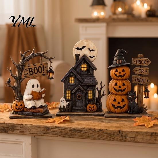 Cute Pumpkin Witch Hat 3Pcs Halloween Wooden Decorations, Fall Tabletop Ornaments with Ghost Black Cat Indoor Desktop Elements, Retro Wood Figurines