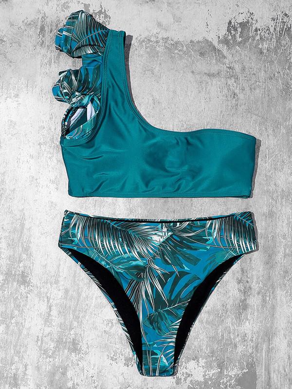 

Купальник бикини на одно плечо с оборками и принтом листьев Yi Yong для женщин Small зелёный