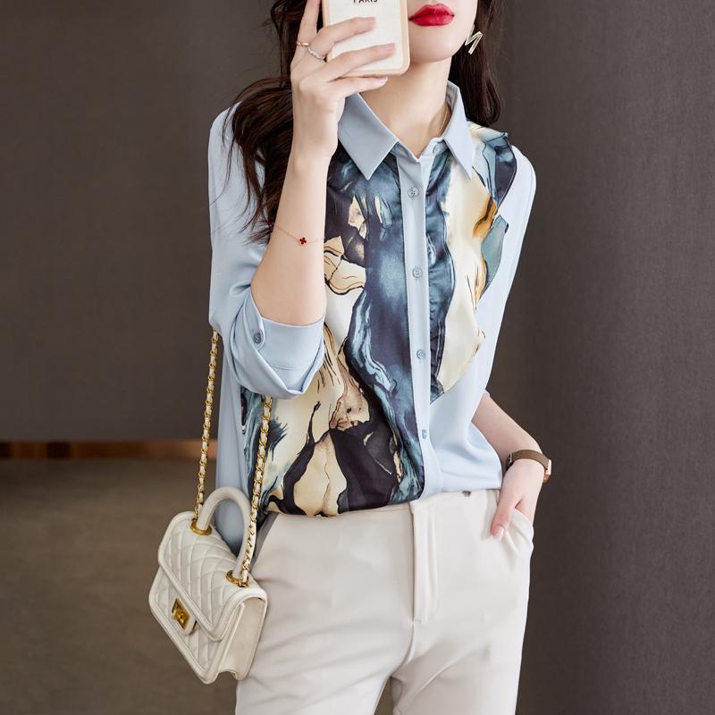 Women's Clothing Long Sleeve Printed Spliced Blouse Spring Autumn Elegant Commute Turn-down Collar Single-breasted Shirt