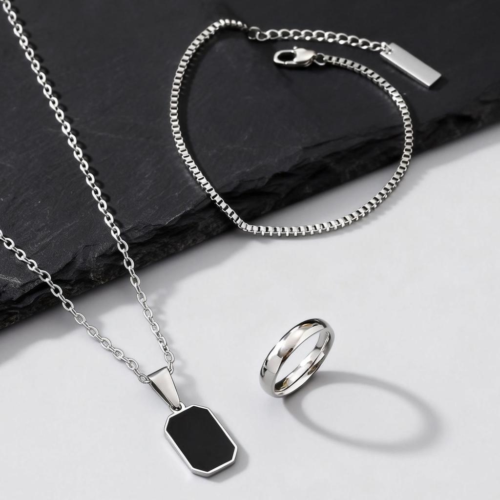 3 Stück/Set Wasserdichtes Trendiges Herren-Halsketten-Set, Quadratischer Anhänger aus Edelstahl mit Emaille, Geburtstags- Vatertagsgeschenk für Ihn