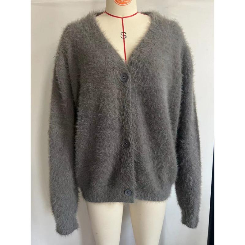 Women S V Neck Knit Cardigan Loose Fit Solid Color Long Sleeve Sweater