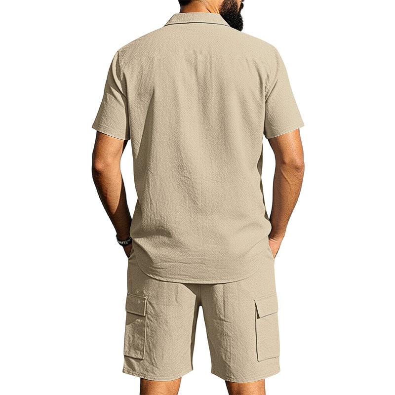Casual Solid Color Linen Two Piece Sets Mens 2026 Spring Summer Fashion Short Sleeve Shirts and Shorts Outfits Men Linen Suits