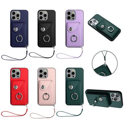 Coque de téléphone en cuir avec anneau et dragonne, support de carte à rabat, pour iPhone série 7/XS/XR/XS Max/11/12/13/14/15