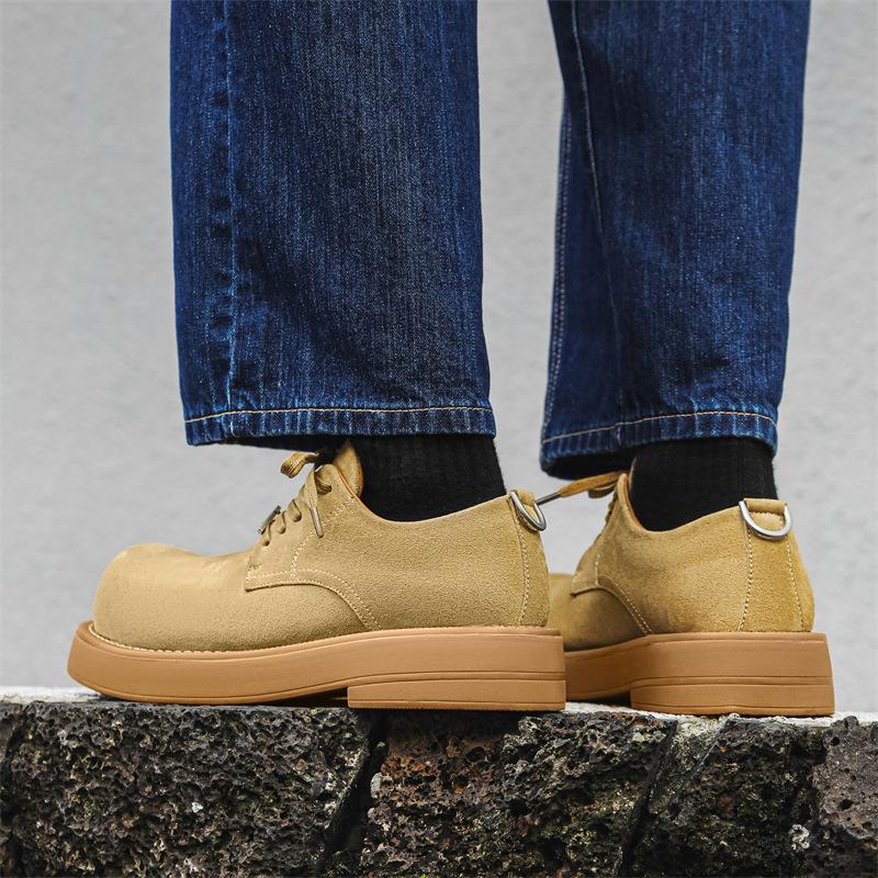 Round head leather shoes men's casual heightening big head shoes niche British style platform derby shoes 1066-J