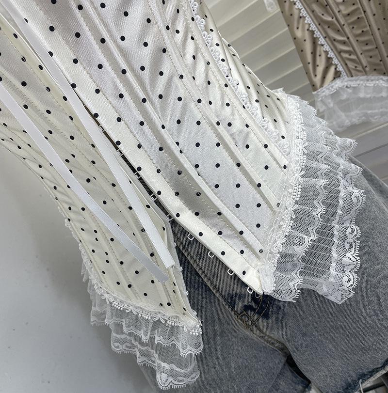 Retro Polka Dot Strapless Lace Trim Crop Top 