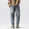 Japanese Trendy Brand Splicing Overalls Male Dad Loose Small Straight Harlan Pants Washed Retro Big Pocket Jeans