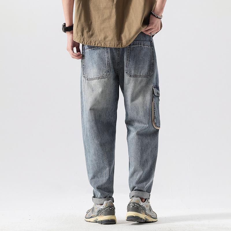 Japanese Trendy Brand Splicing Overalls Male Dad Loose Small Straight Harlan Pants Washed Retro Big Pocket Jeans