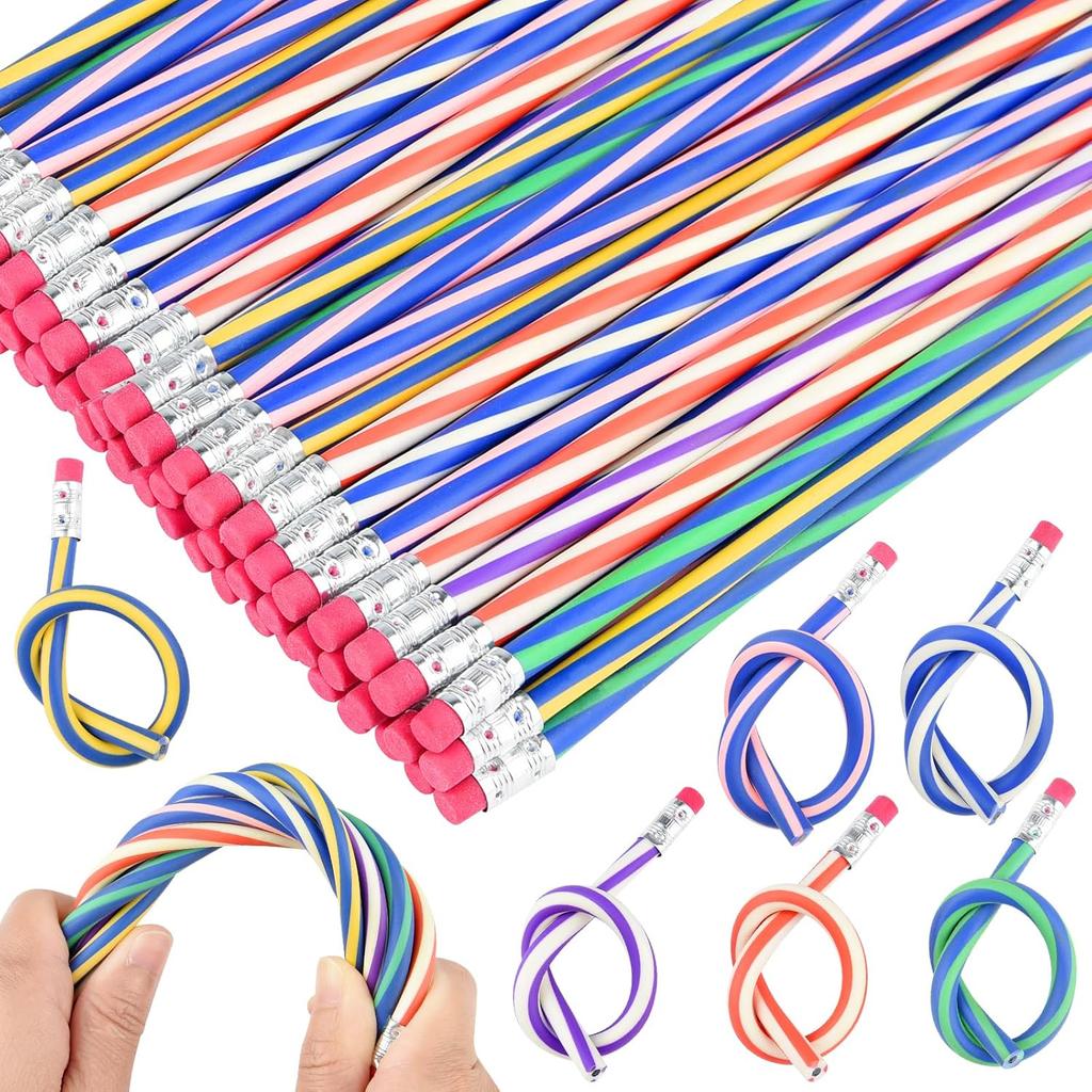 24 Pieces Soft Flexible Bendy Pencils with Erasers for School Stationary Equipment for Birthday Party Favours Fillers Back To School Funny Supplies