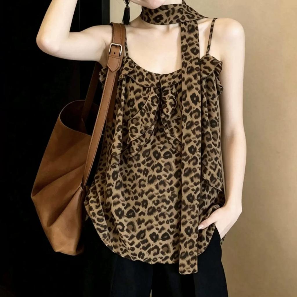 Pure desire style retro leopard print sling vest women's clothing summer new design hot girl streamer lazy beautiful top
