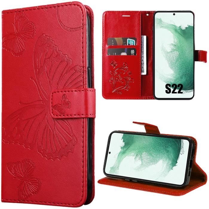 Coque - Samsung - Galaxy S22 - Antichoc - Motif Papillon - Effet Cuir Rouge
