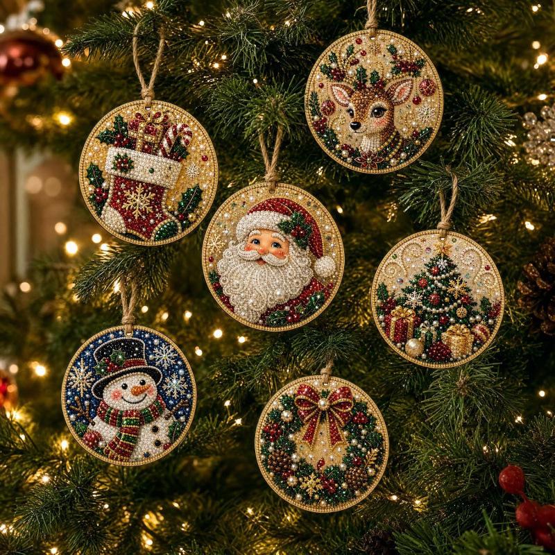 6pc Christmas Pearl Diamond Painting Kit 5D Full Round DIY Diamond for Xmas Tree Hanging Craft Pendent Holiday Christmas Decor