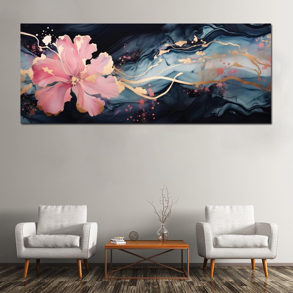 Pittura su Tela Floreale Art Fluid Moderna Arte Murale Poster e Stampe Fiore Dorato Marmo per Decorazione Parete Soggiorno Senza Cornice