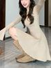 Elegant V-Neck Slim-Fit Knitted Dress for Women – Petite, Waist-Cinching A-Line Skirt, Perfect for Spring & Autumn as an Inner or Base Layer