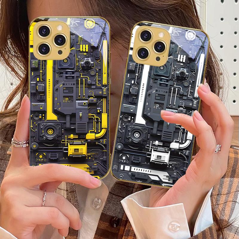 Yellow circuit board For IPhone 16 16Pro Max 15 P ro 14 13 Plus 12 Mini 11Pro Max XS Max XR Golden tempered glass phone case