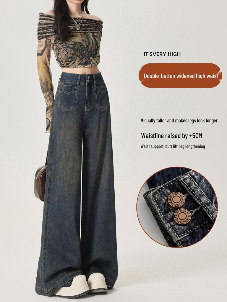 Women's Early Autumn Deep Blue Retro Wide-Leg High-Waisted Straight-Leg Jeans