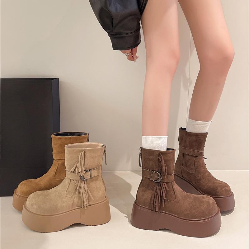 Fashion Fall Fashion Platform Single Boots Women's Round Toe Suede Tassel Rear Zipper Anti-Slip Wear-Resistant Shorthole Boots
