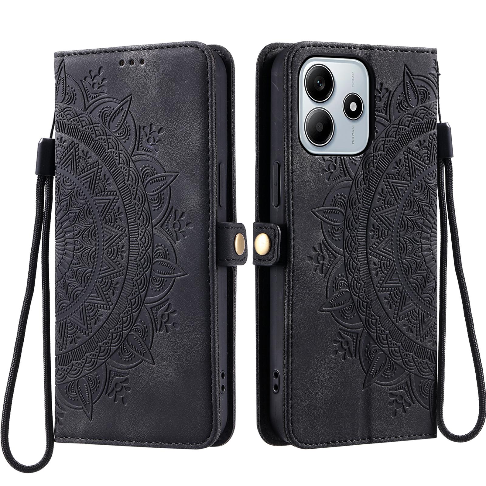 

For Xiaomi Redmi Note 14 4G (163.25x76.55x8.16mm) Wallet Case Leather Phone Cover Skin Feel Totem Imprinted Black