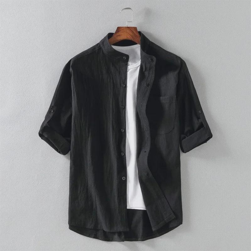 2024 Men's Summer Linen Stand Collar 5-Point Sleeve Shirt, Trendy Cotton & Linen Loose Fit Casual Shirt