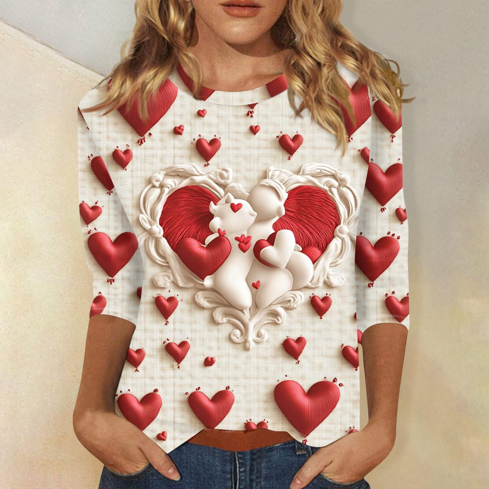 

Женская мода повседневная кофта с разрезом на рукаве 3/4 и принтом ко Дню святого Валентина с круглым вырезом L бежевый