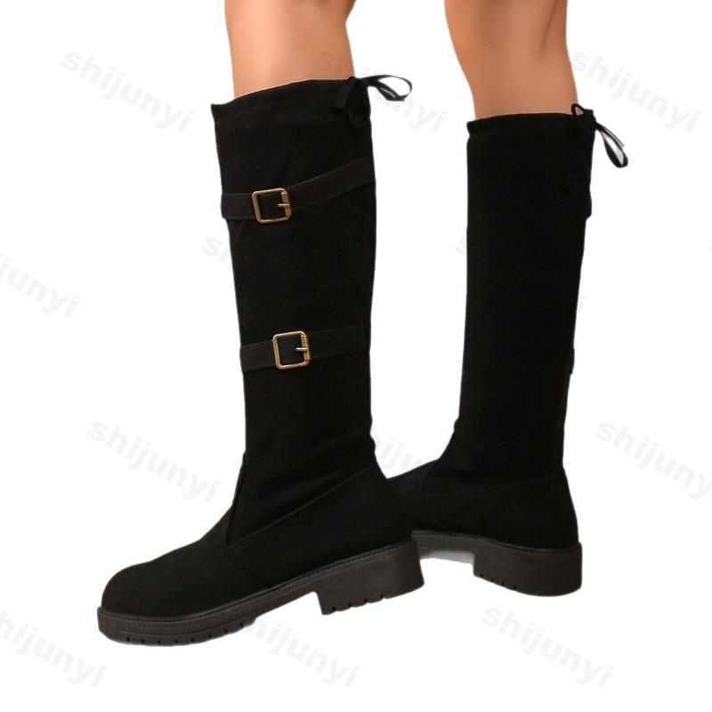 Fashion 2025 Autumn Fashion Metal Buckle Decoration Knee Boots Women Sexy Solid Black Slip on Boots Lace Up Bowknot Medium Heel Booties