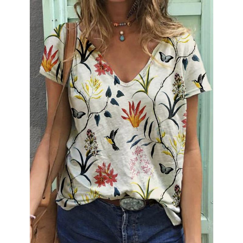 Summer V-neck 3D Mother's Day Alphabet Flower Printed Top Fashionable Casual Short Sleeved Women's T-shirts
