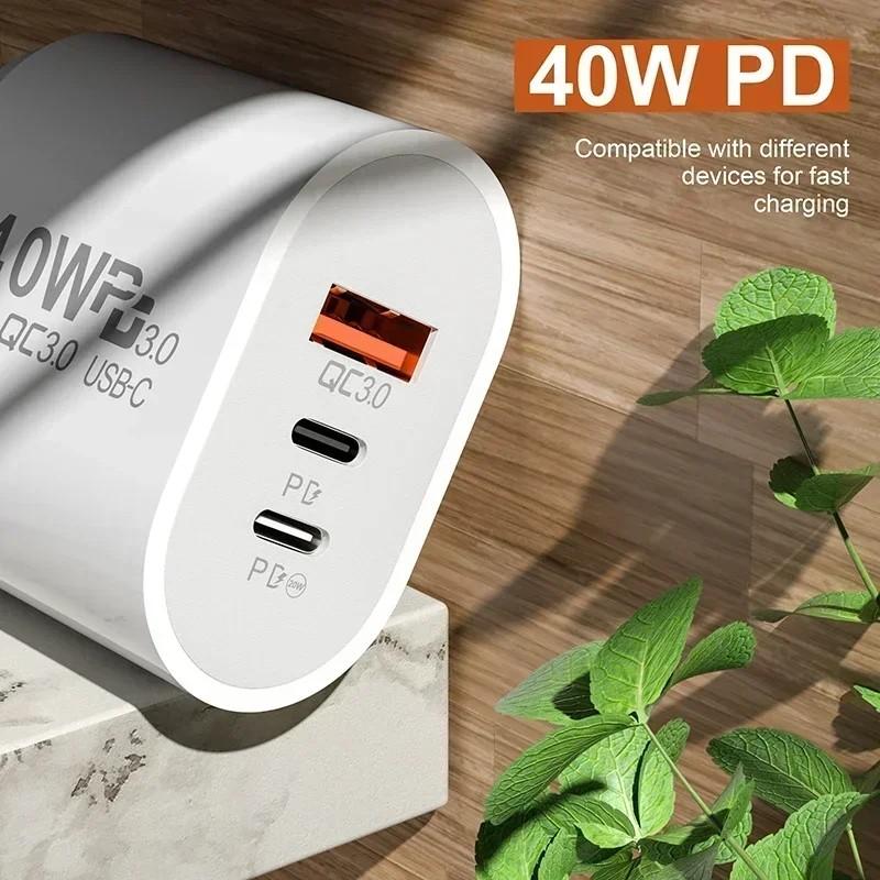 40W 2 PD and 1 QC 3.0 Port Fast Charging Power Adapter USB Type C Wall Charger US/EU Plug For iPhone Samsung Xiaomi Quick Charge