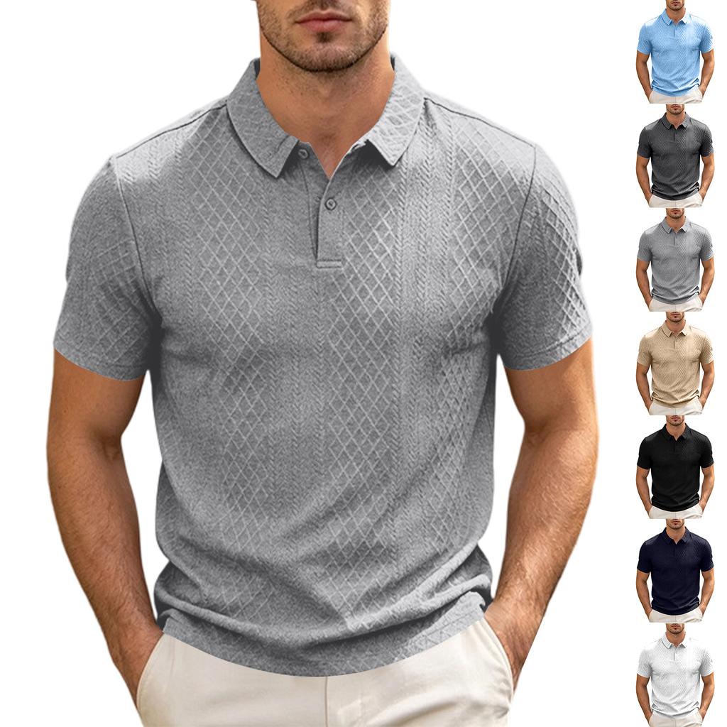 Men's Casual Loose Fit Jacquard Short Sleeve Polo Shirt Soft Breathable Fabric Summer Top with Button Collar Suitable for Everyday Wear