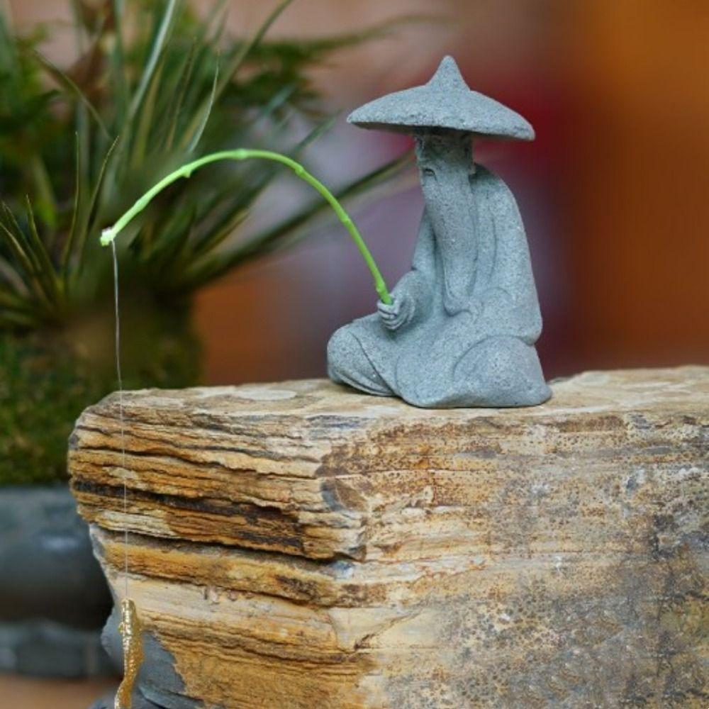 

Artificial Stone Mini Fisherman Figurine Jiang Taigong Fishing Vintage Ornament Fish Tank
