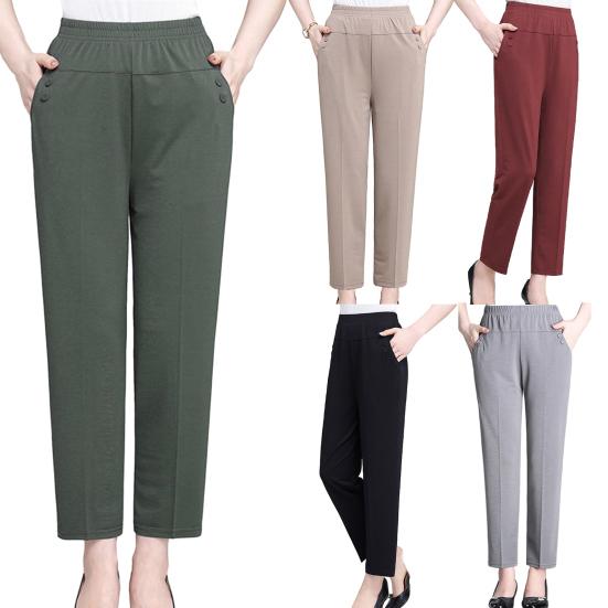 High Waist Elastic Waistband Women Pants Button Decoration Pockets Thin Office Lady Straight Wide Leg Trousers