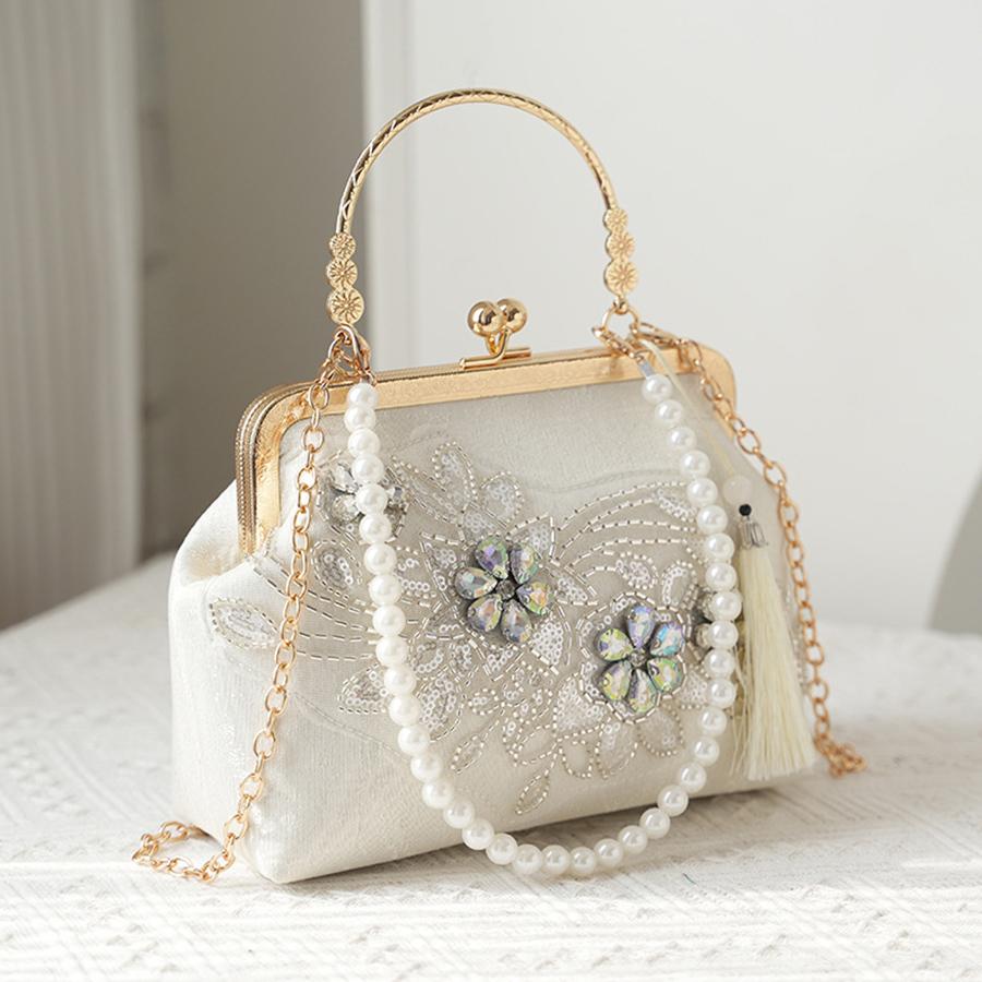 Pearl Embroidered Fashion Handbag Cheongsam Banquet Pearl Chain Shell Clip Bag Pearl Beaded Shoulder Crossbody Bag Hanfu Clutch