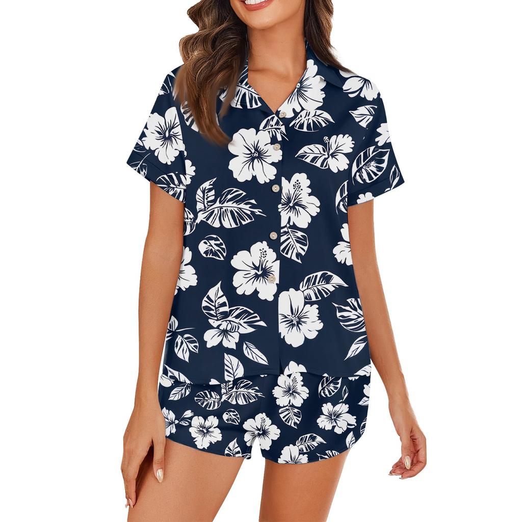 Women's Ice Silk Pajamas Button Homewear Hawaiian Print Short Sleeve Satin Pajama Set