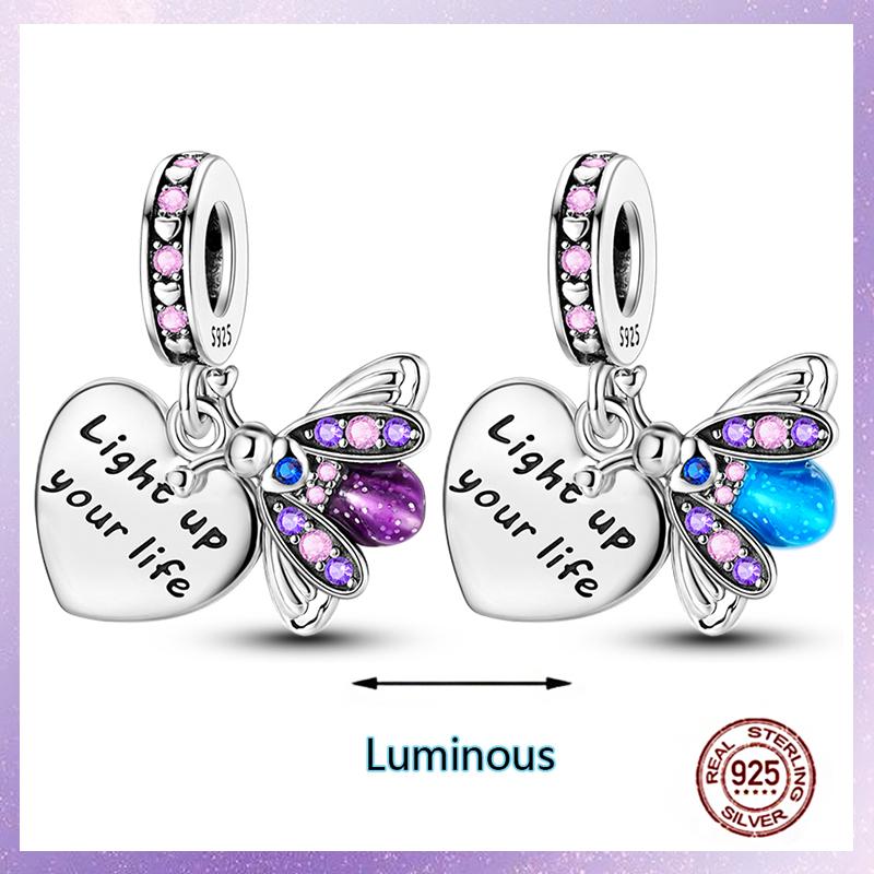Purple Charms Copper Fit Original Pendant Bracelet Butterfly Glass Heart Feather Clip Charm Dangle Luminous Bead Diy Jewelry